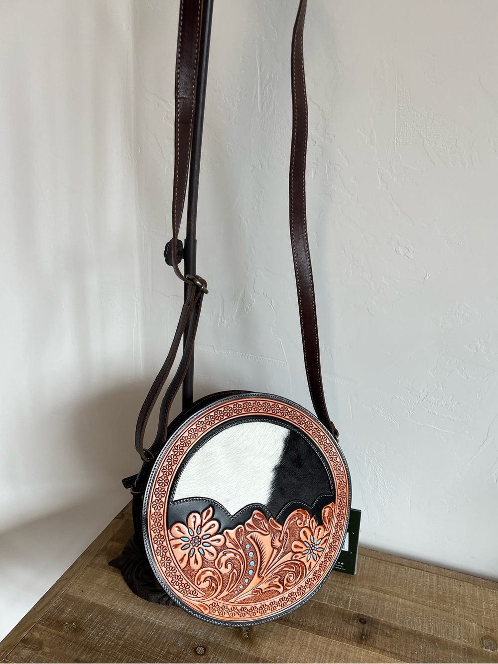 Myra Western Cowhide Round Crossbody Bag Hand Tooled Leather Boho Purse NWT - Picture 1 of 11